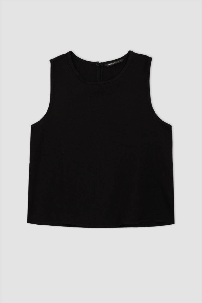 FEMME Noir Chemisier sans manches en mélange de lin à col rond coupe classique