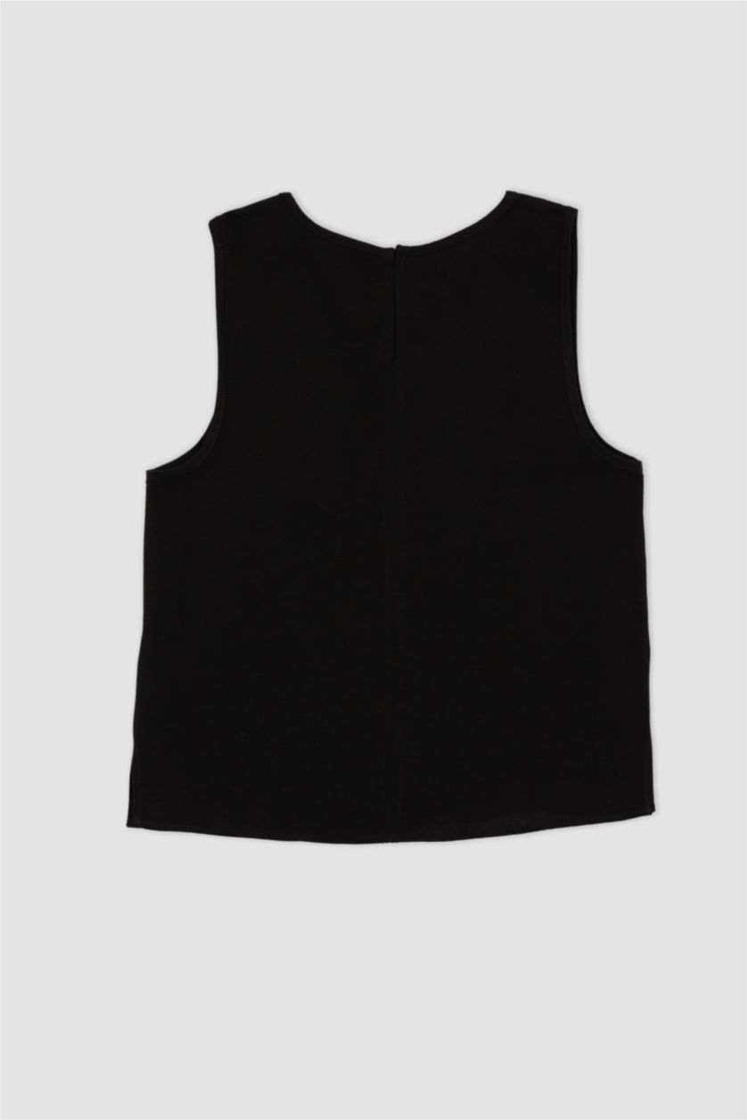 FEMME Noir Chemisier sans manches en mélange de lin à col rond coupe classique