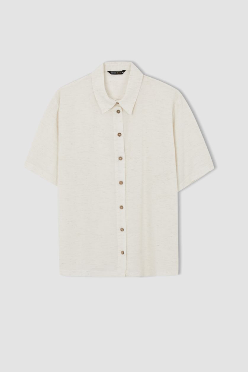 نساء بيج قميص نص كم من مزيج الكتان اوفر سايز بياقة قميص