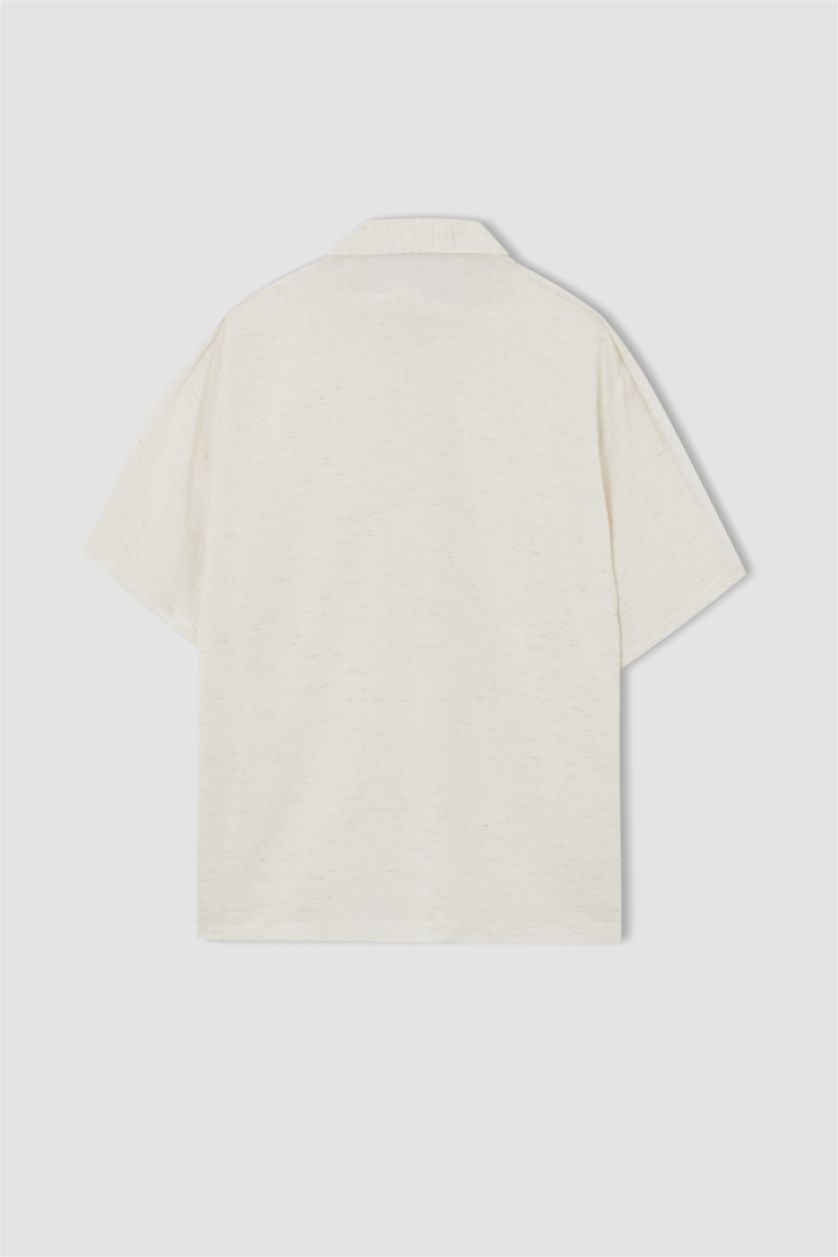 نساء بيج قميص نص كم من مزيج الكتان اوفر سايز بياقة قميص