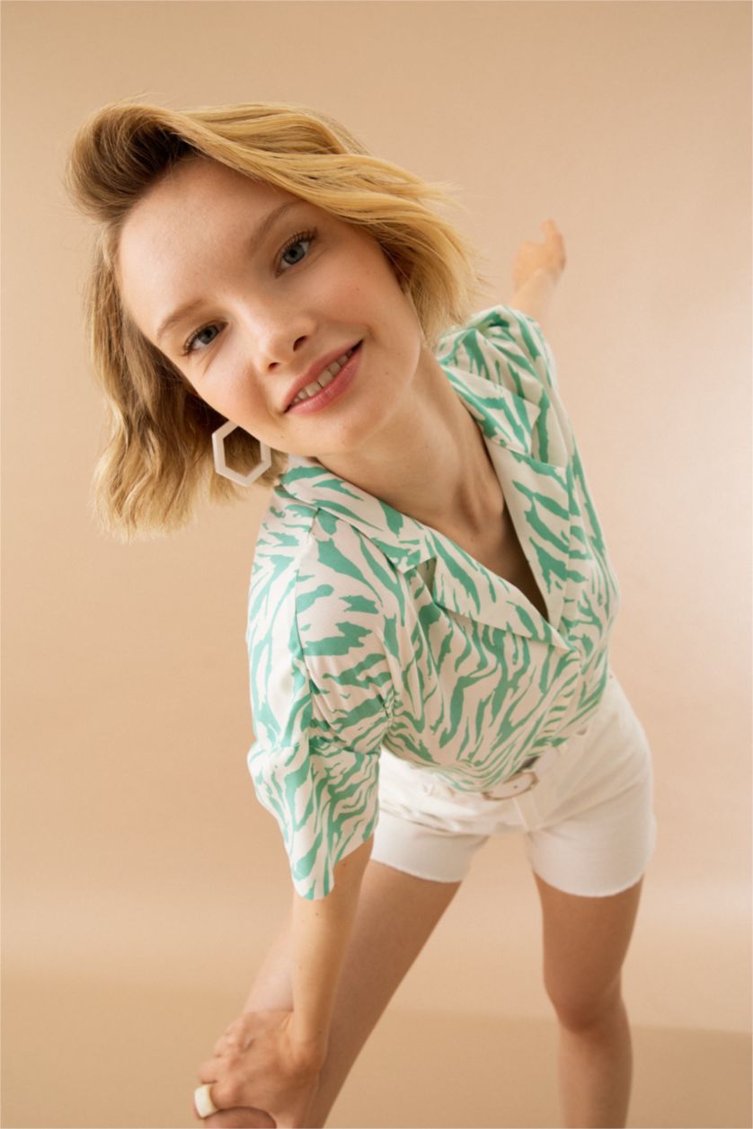 FEMME Bleu Chemise en Viscose à Manches Courtes et à Motifs Coupe Régulière