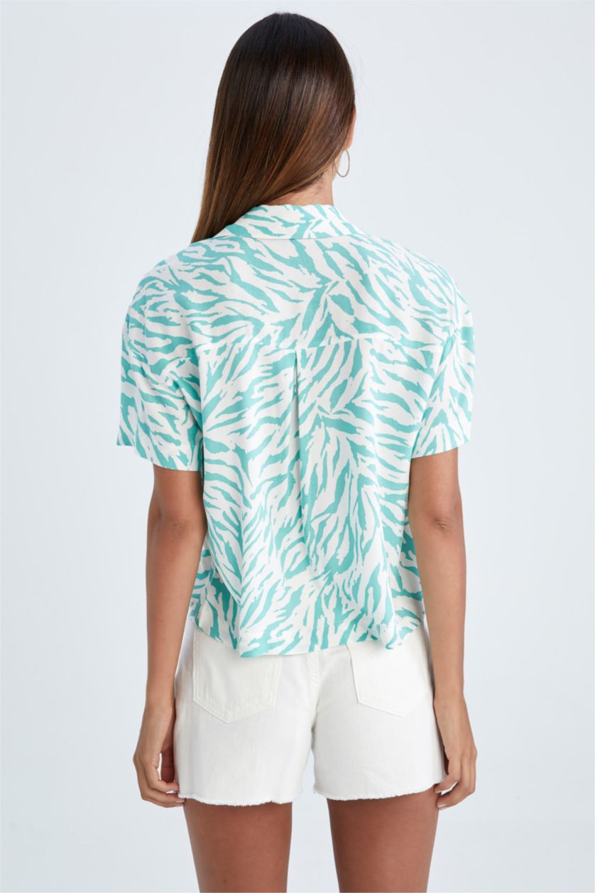 FEMME Bleu Chemise en Viscose à Manches Courtes et à Motifs Coupe Régulière