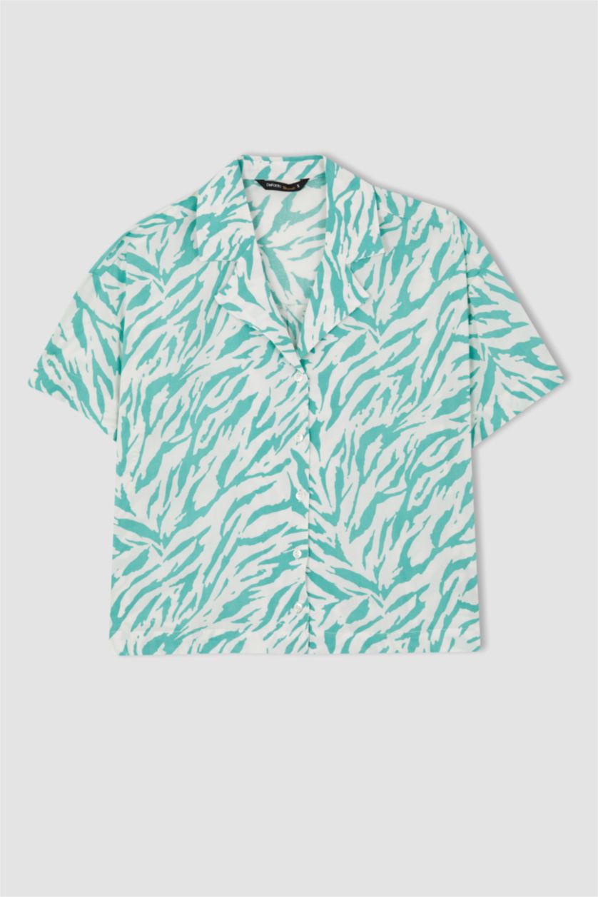 FEMME Bleu Chemise en Viscose à Manches Courtes et à Motifs Coupe Régulière