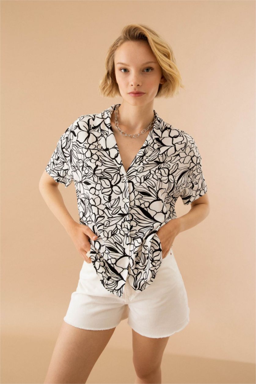 WOMAN White Regular Fit Short Sleeve Palm Print Viscose Shirt