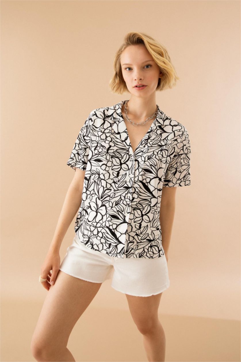 WOMAN White Regular Fit Short Sleeve Palm Print Viscose Shirt