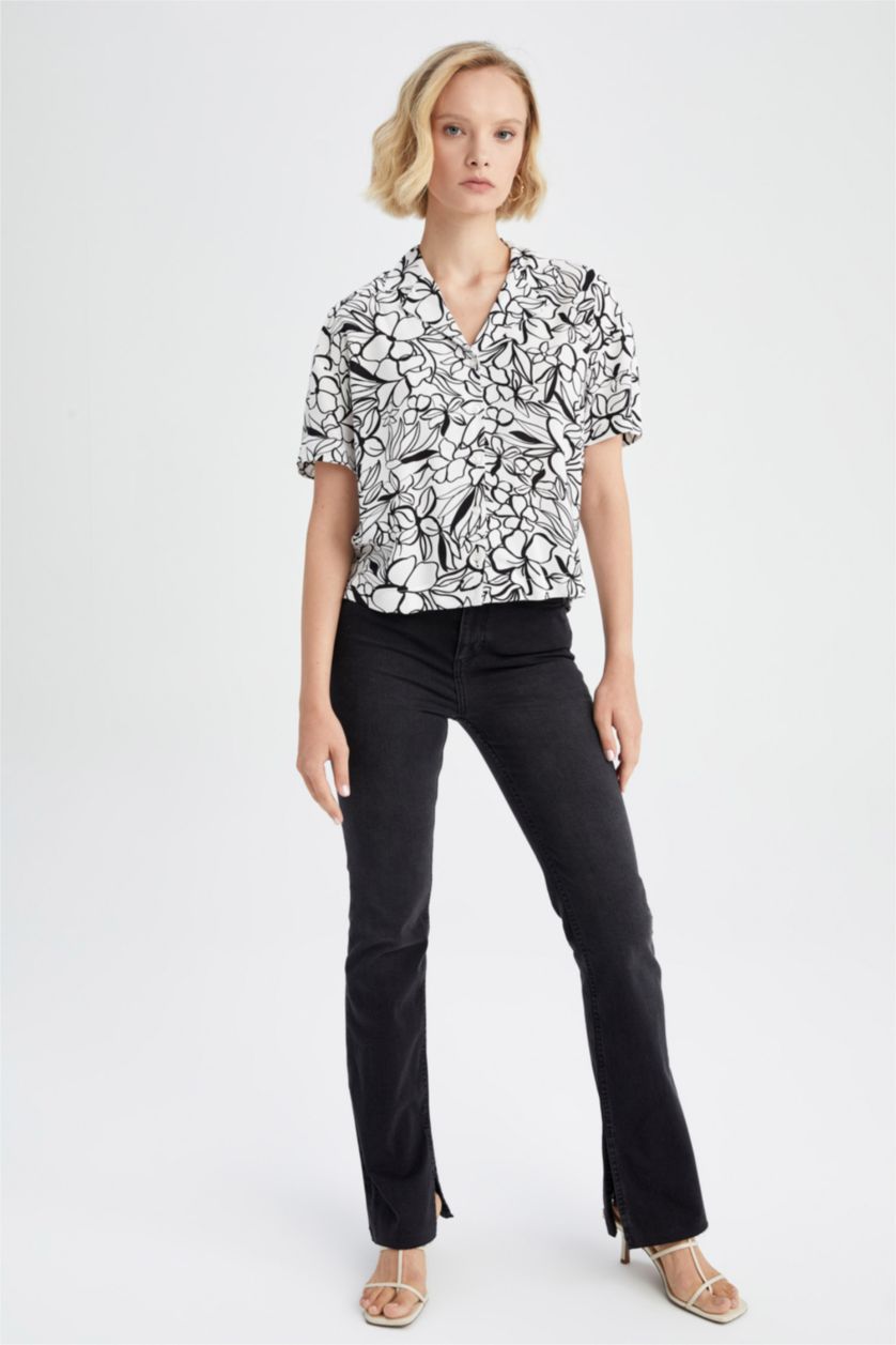 WOMAN White Regular Fit Short Sleeve Palm Print Viscose Shirt