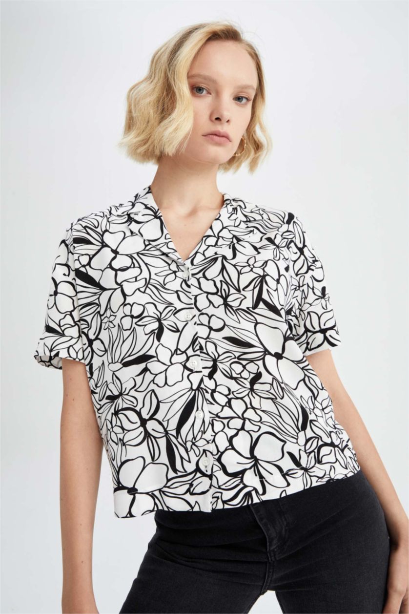 WOMAN White Regular Fit Short Sleeve Palm Print Viscose Shirt