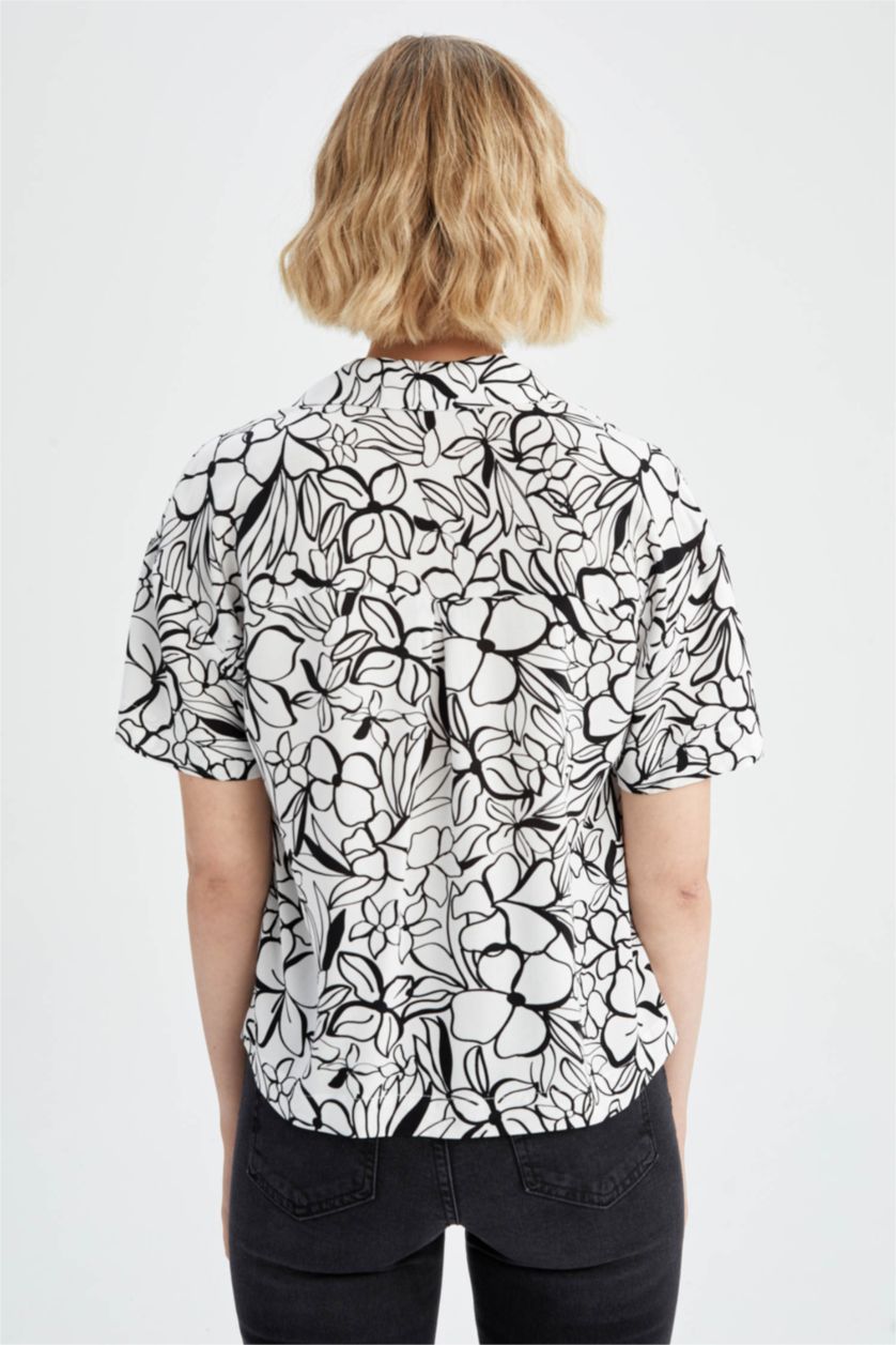 WOMAN White Regular Fit Short Sleeve Palm Print Viscose Shirt