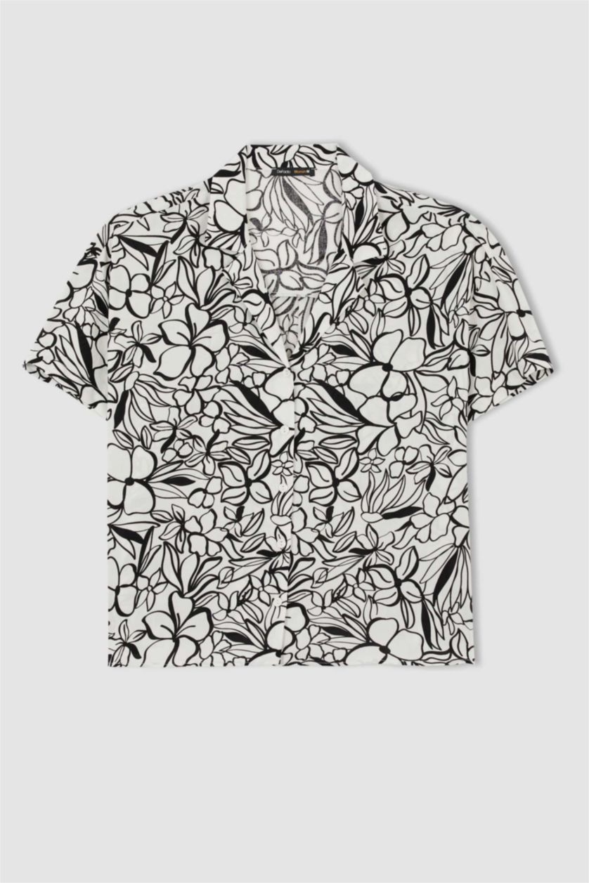 WOMAN White Regular Fit Short Sleeve Palm Print Viscose Shirt
