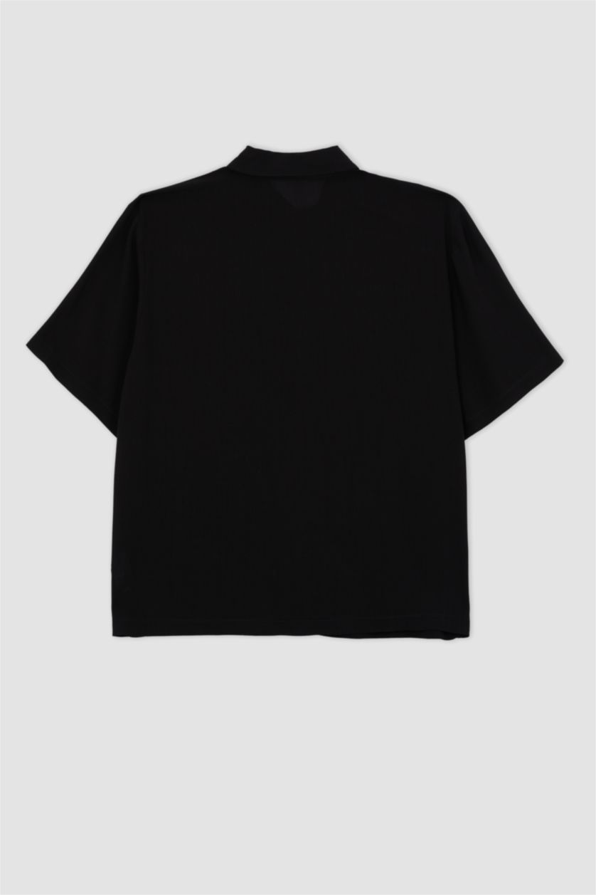 FEMME Noir Chemise à manches courtes en tissu froissé à col chemise coupe classique