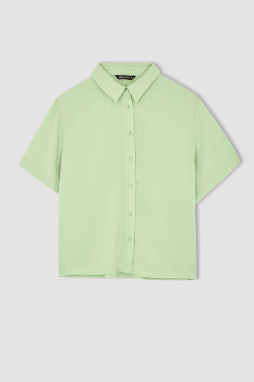 FEMME Vert Clair Chemise à manches courtes en tissu froissé à col chemise coupe classique