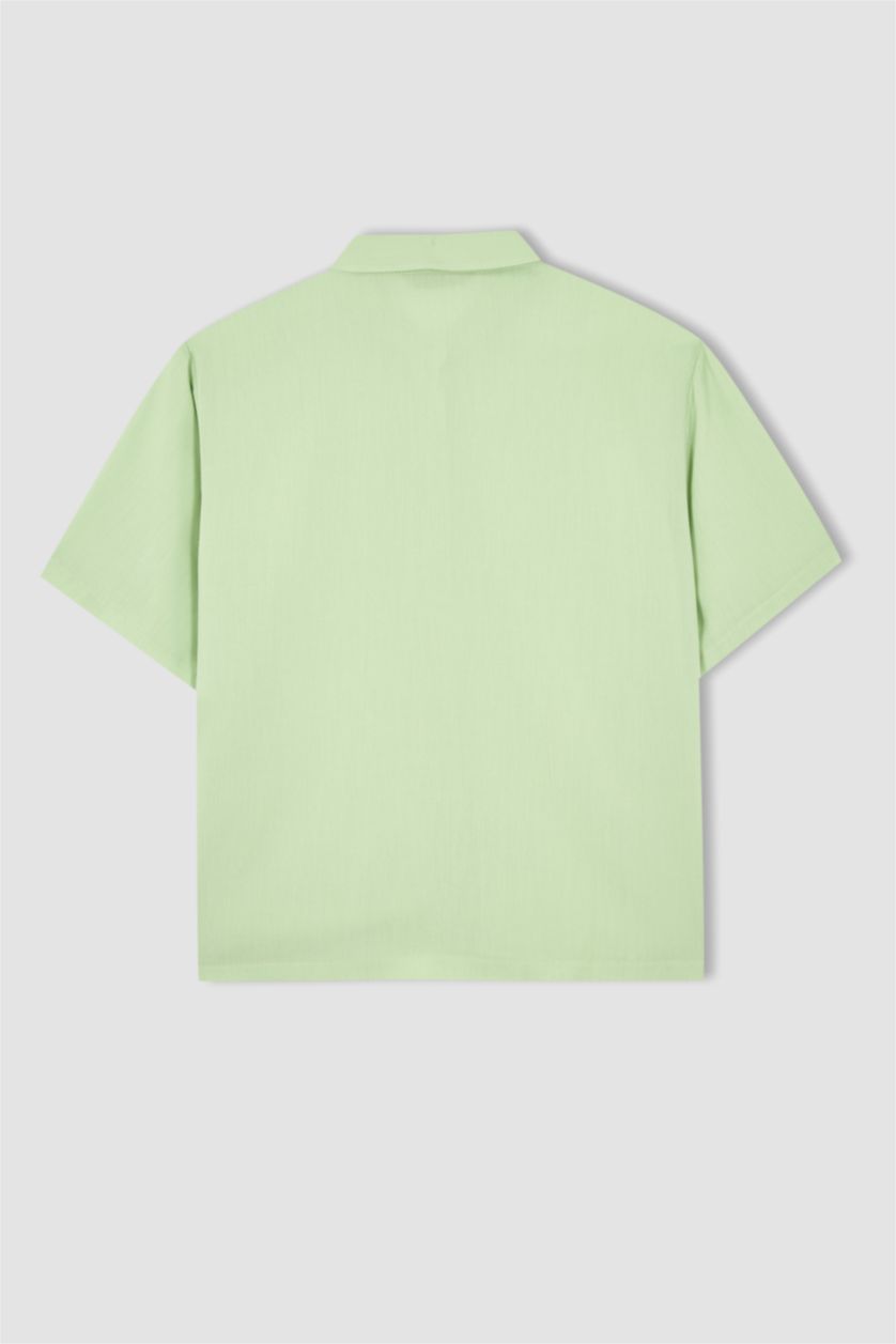 FEMME Vert Clair Chemise à manches courtes en tissu froissé à col chemise coupe classique