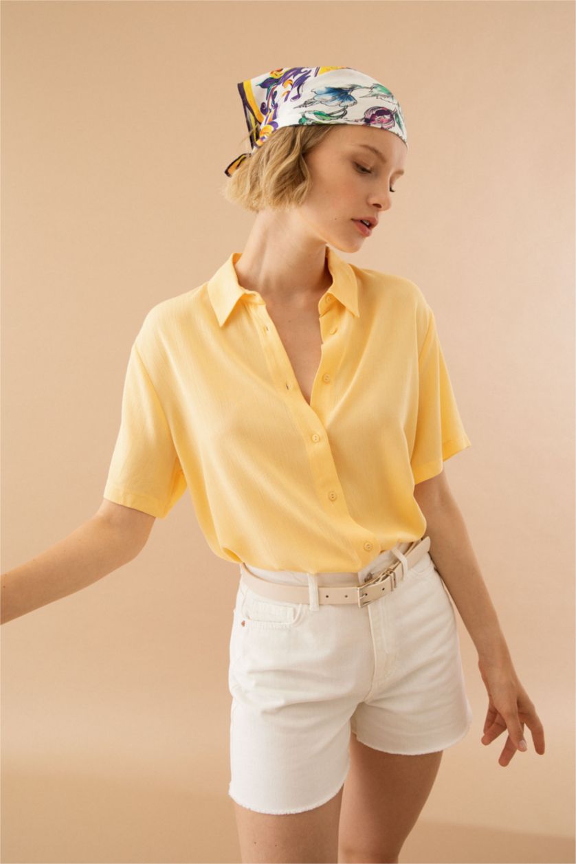 FEMME Jaune Clair Regular Fit Crinkle Fabric Short Sleeve Shirt
