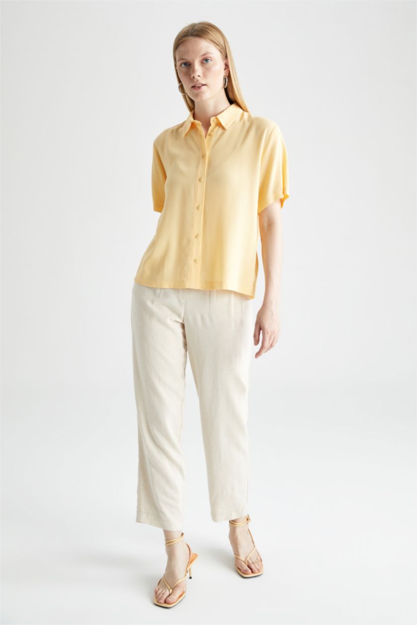 FEMME Jaune Clair Regular Fit Crinkle Fabric Short Sleeve Shirt
