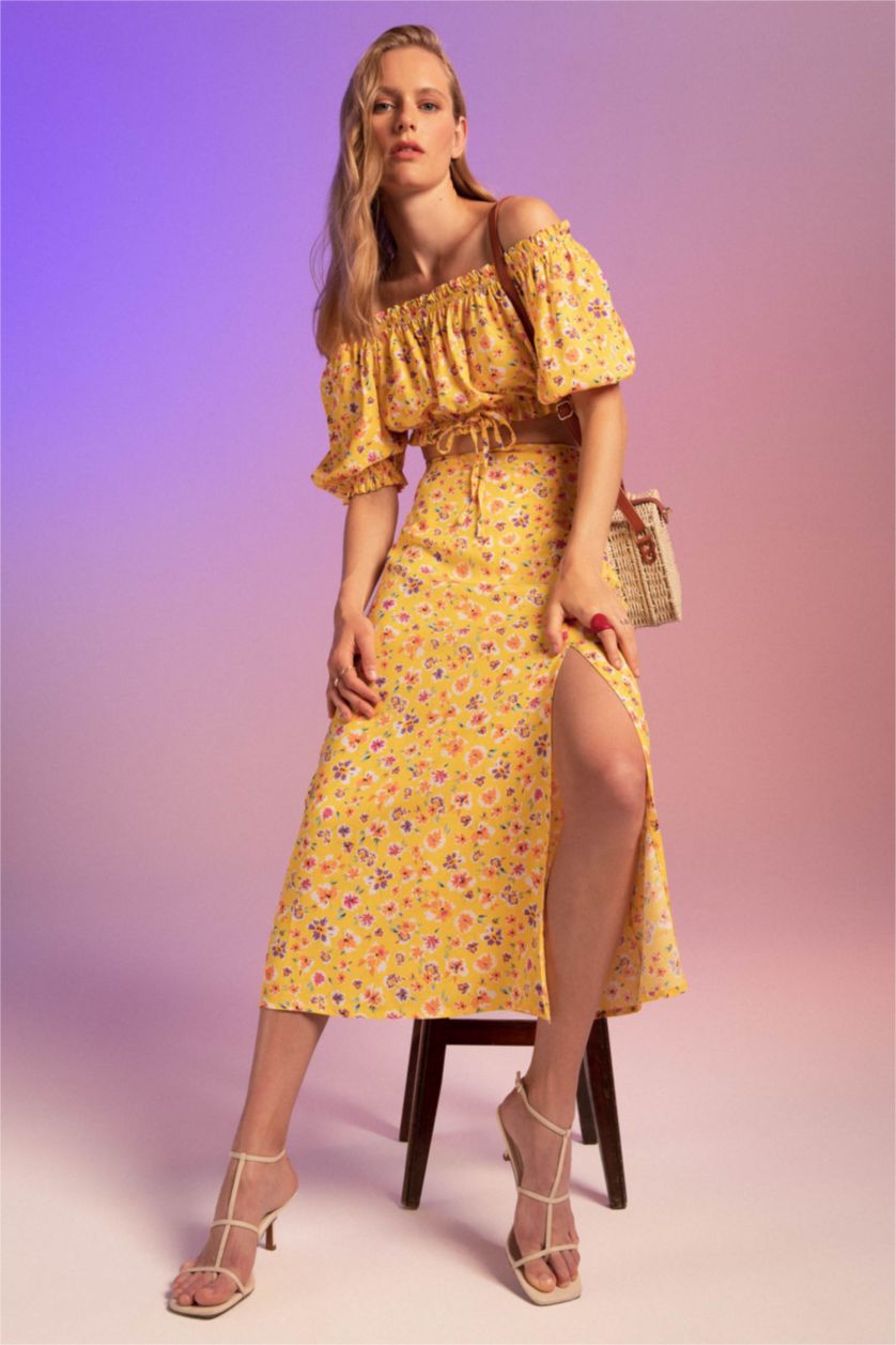 FEMME Jaune Jupe mi-longue en viscose à motif floral