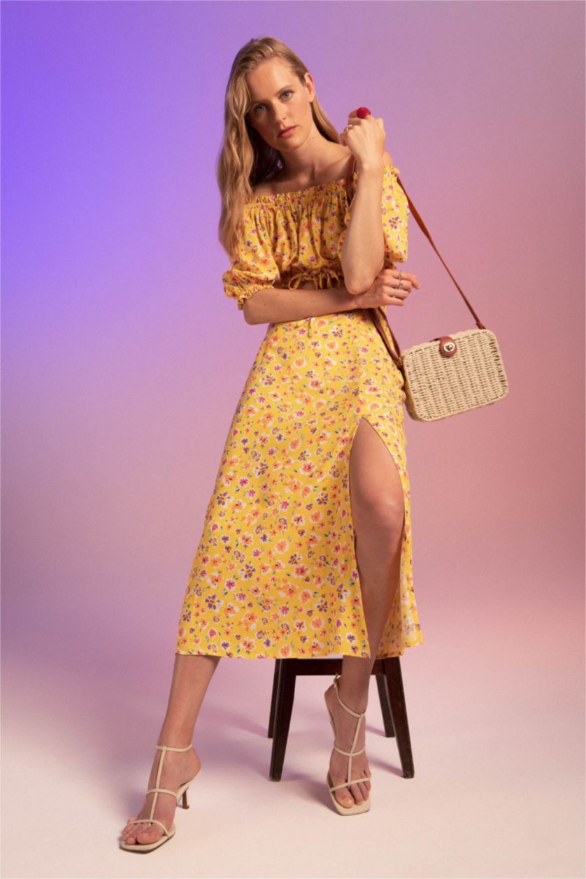 FEMME Jaune Jupe mi-longue en viscose à motif floral