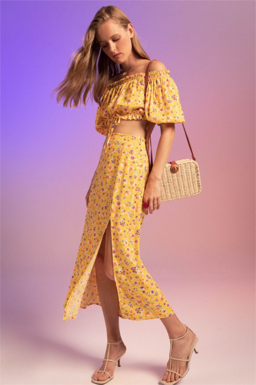 FEMME Jaune Jupe mi-longue en viscose à motif floral