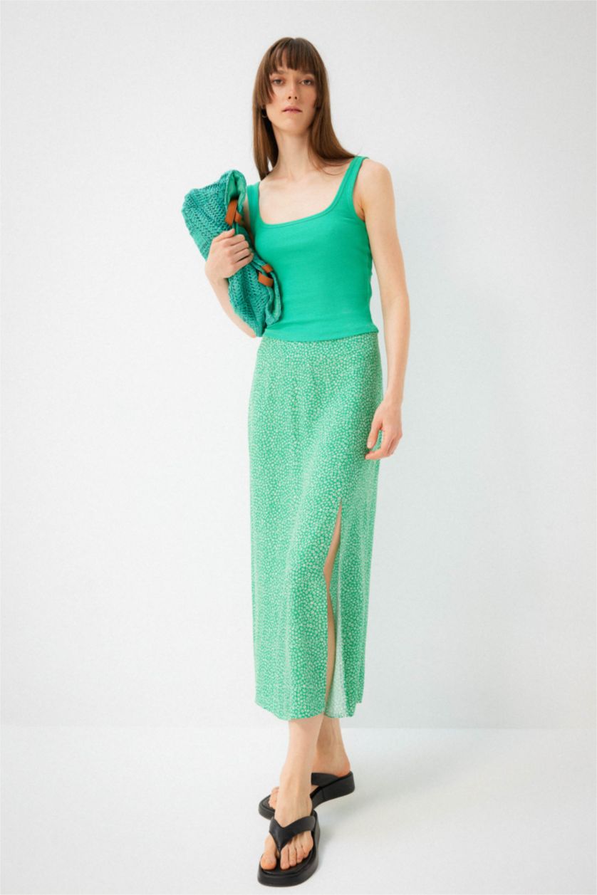 WOMAN Green A-Line Floral Regular Waist Slit Midi Skirt