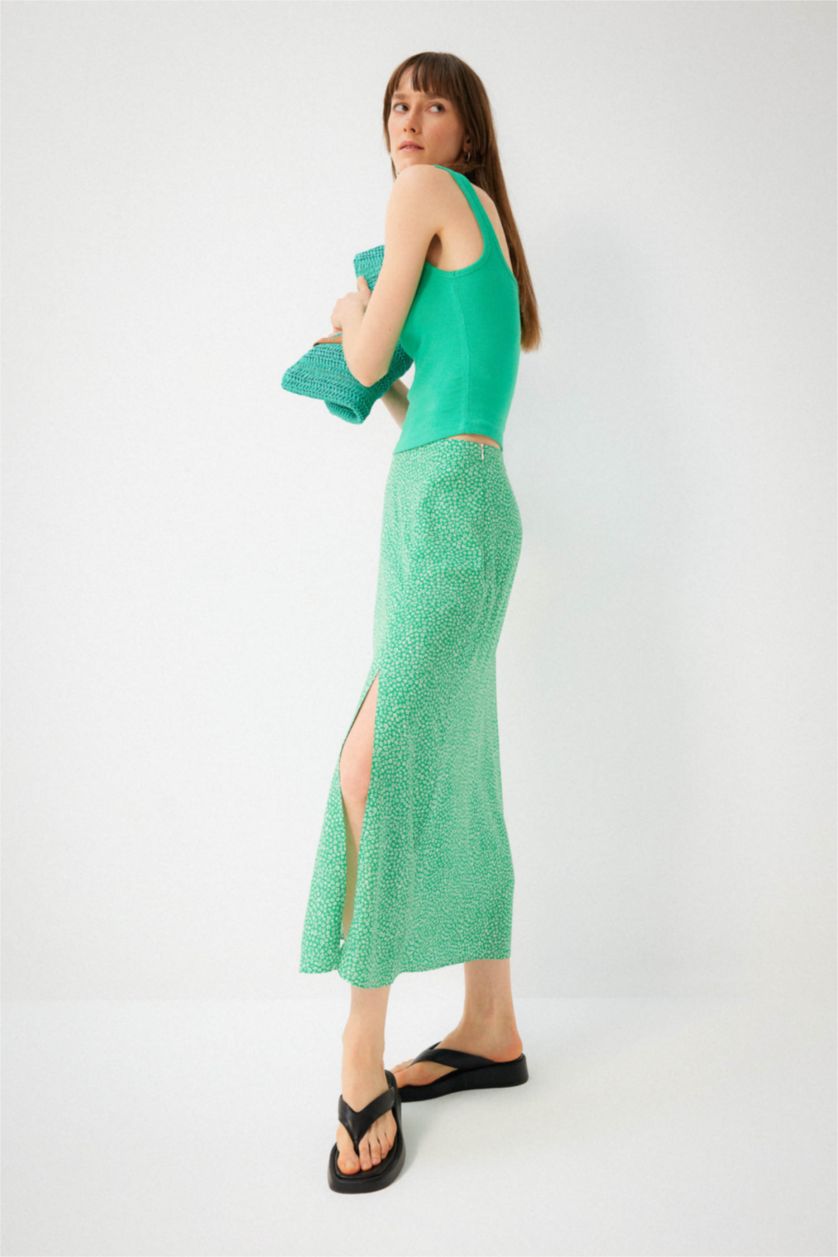 WOMAN Green A-Line Floral Regular Waist Slit Midi Skirt