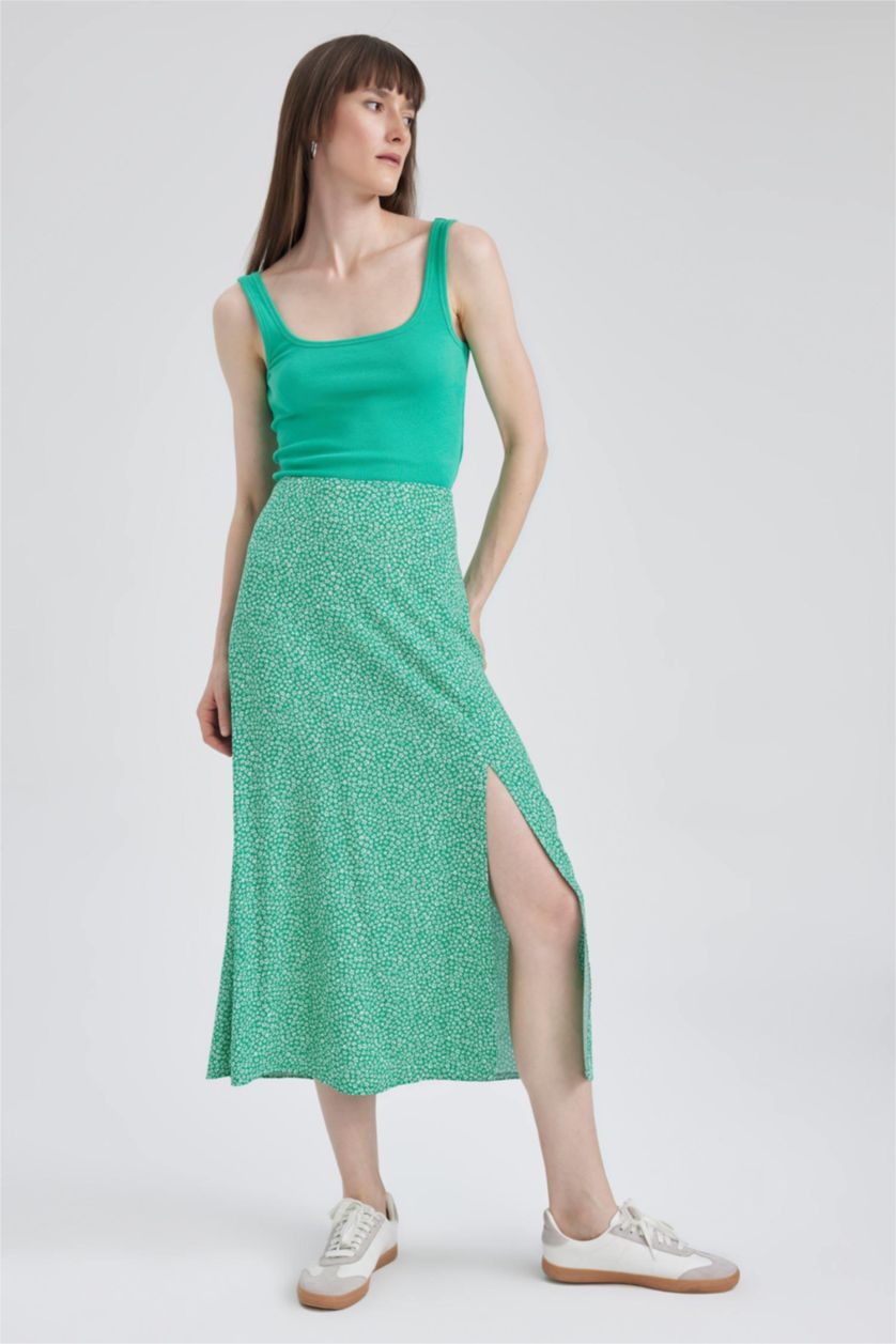 WOMAN Green A-Line Floral Regular Waist Slit Midi Skirt