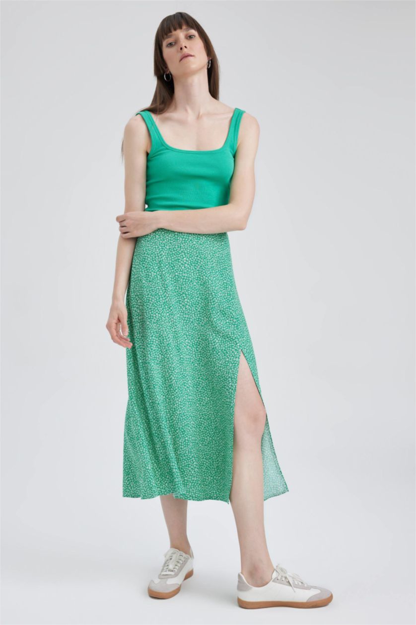 WOMAN Green A-Line Floral Regular Waist Slit Midi Skirt
