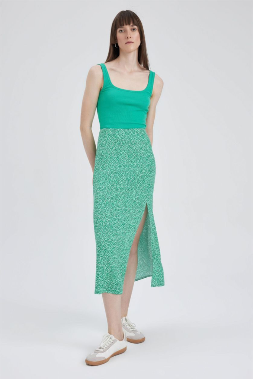 WOMAN Green A-Line Floral Regular Waist Slit Midi Skirt