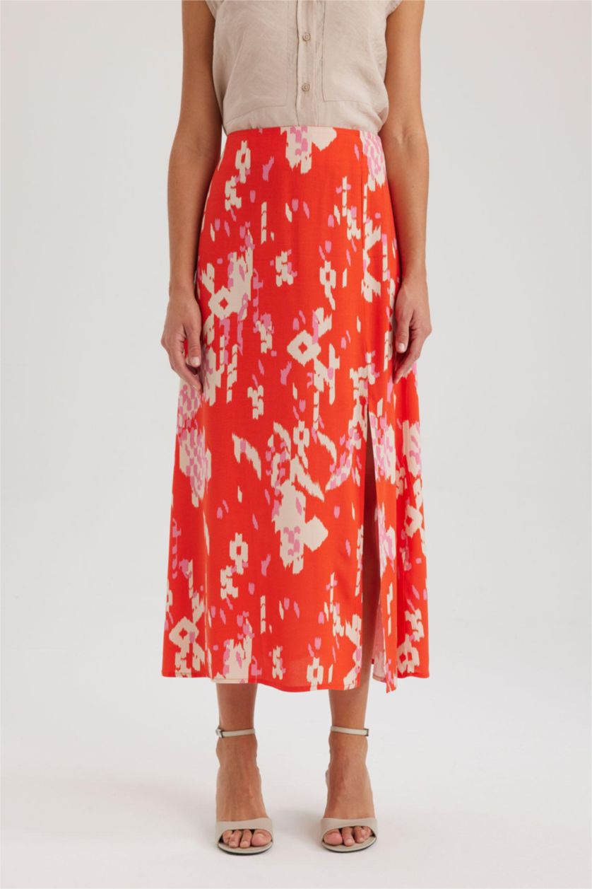 نساء أحمر تنورة ميدي فلورال بقصة A بخصر عادي