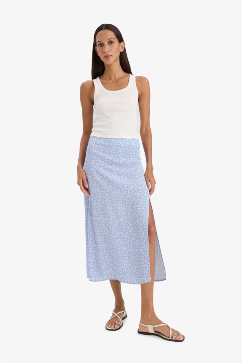 Woman Blue A Cut Floral Regular Waist Midi Skirt