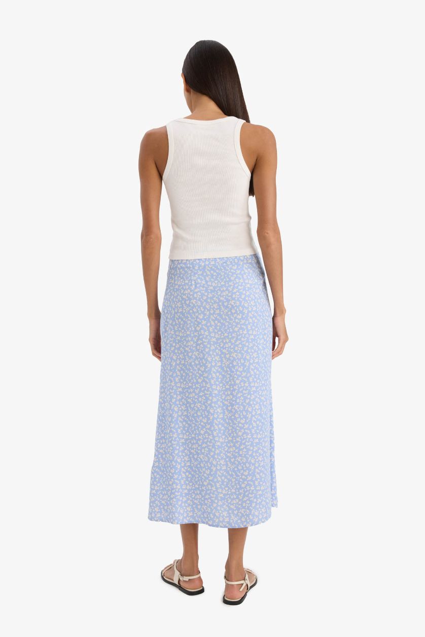 Woman Blue A Cut Floral Regular Waist Midi Skirt