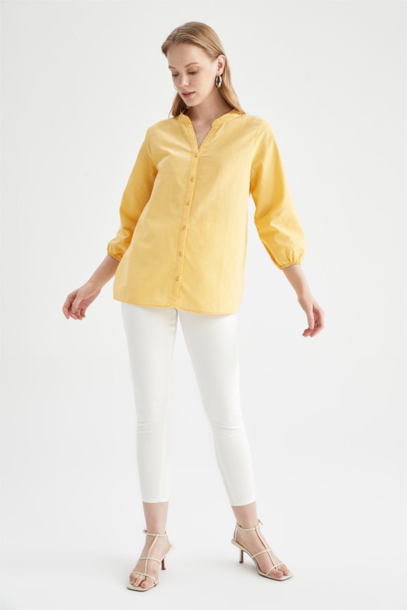 FEMME Jaune Chemisier basique à manches mi-longues et Col en V Coupe régulière