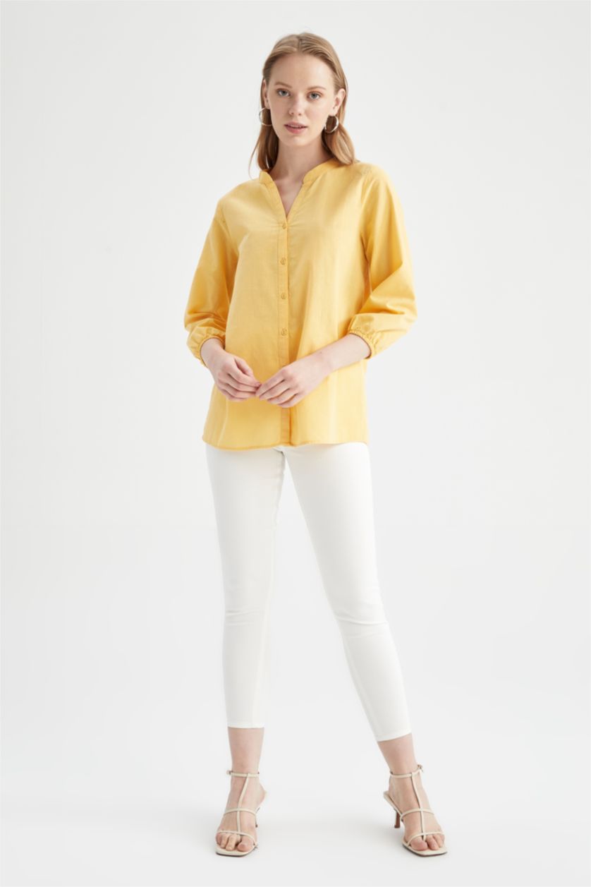 FEMME Jaune Chemisier basique à manches mi-longues et Col en V Coupe régulière
