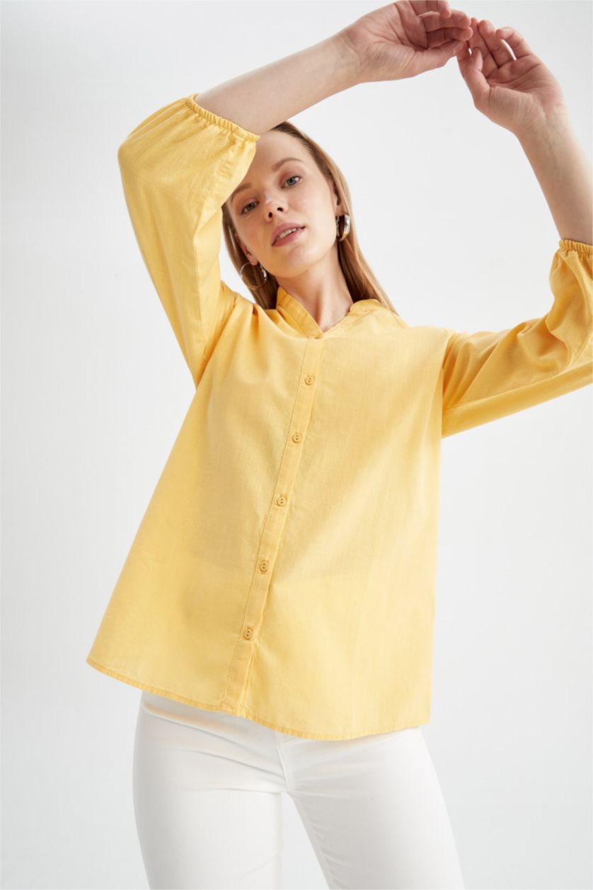 FEMME Jaune Chemisier basique à manches mi-longues et Col en V Coupe régulière