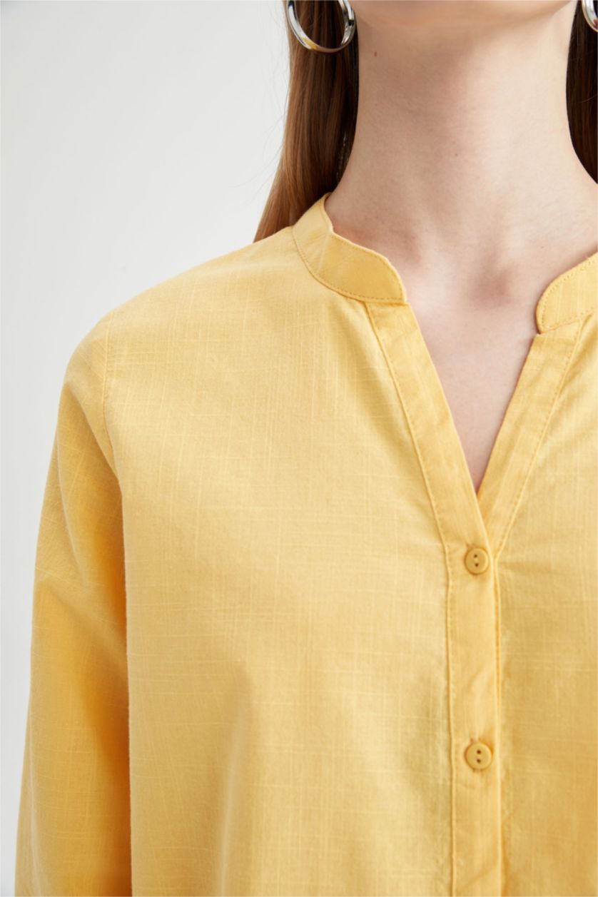 FEMME Jaune Chemisier basique à manches mi-longues et Col en V Coupe régulière