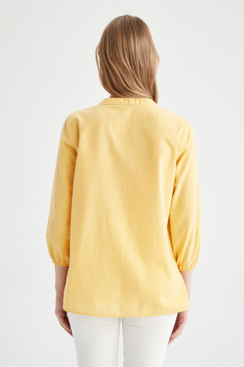 FEMME Jaune Chemisier basique à manches mi-longues et Col en V Coupe régulière