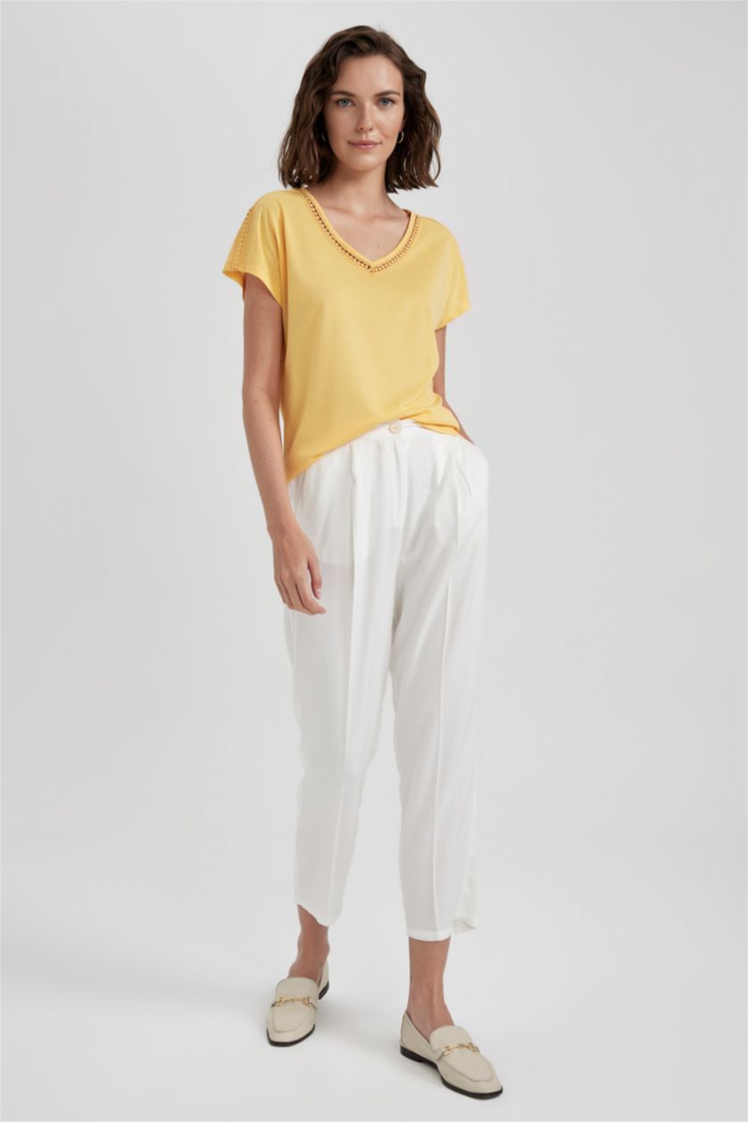 WOMAN Yellow Traditional V Neck Short Sleeve T-Shirt