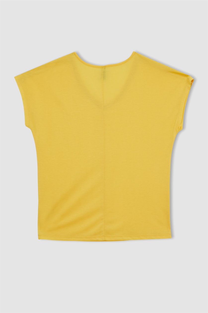 WOMAN Yellow Traditional V Neck Short Sleeve T-Shirt