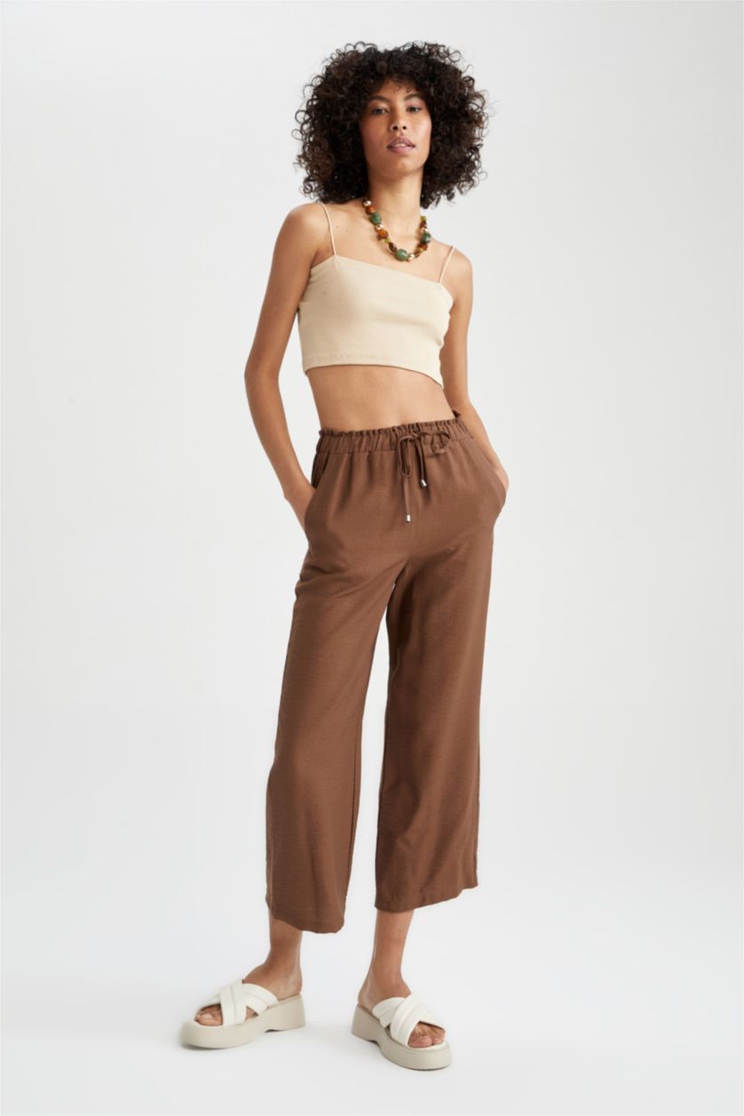 FEMME Marron Foncé Pantalon large aspect lin traditionnel