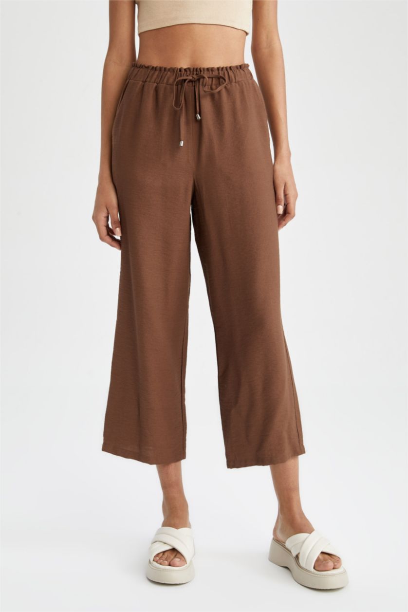 FEMME Marron Foncé Pantalon large aspect lin traditionnel