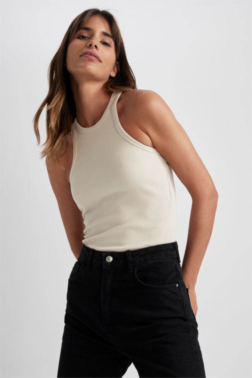 FEMME Beige Débardeur Caraco Côtelé Coupe Slim À Col Licou