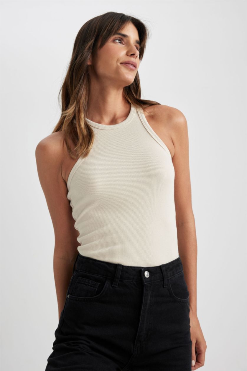 FEMME Beige Débardeur Caraco Côtelé Coupe Slim À Col Licou