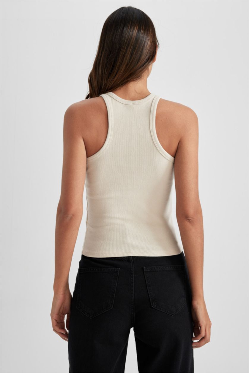 FEMME Beige Débardeur Caraco Côtelé Coupe Slim À Col Licou