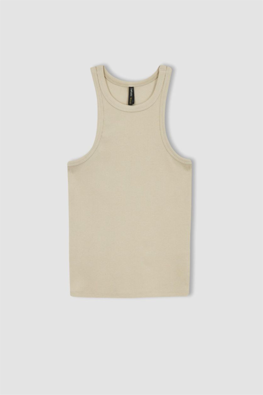 FEMME Beige Débardeur Caraco Côtelé Coupe Slim À Col Licou