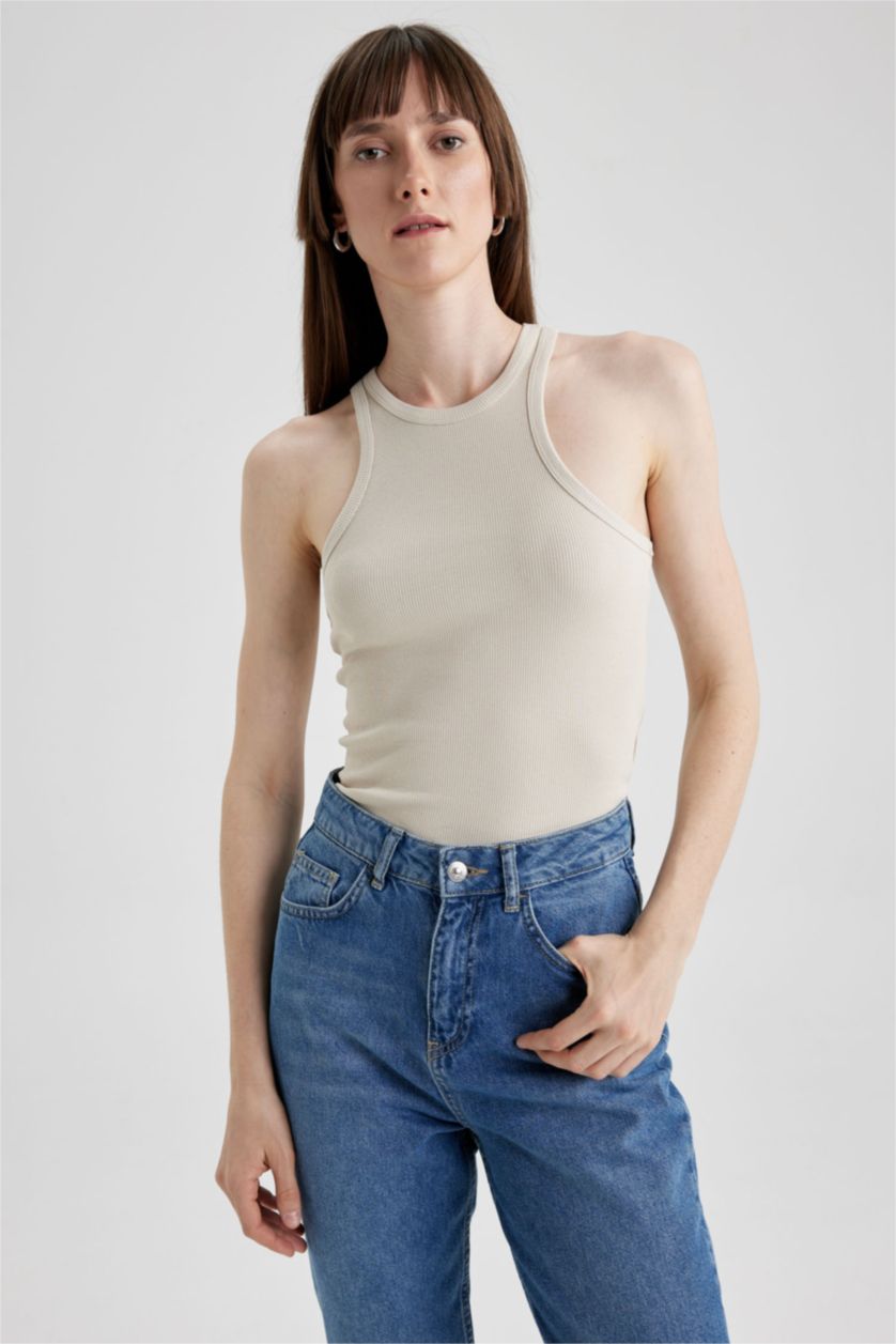 FEMME Beige Débardeur Caraco Côtelé Coupe Slim À Col Licou