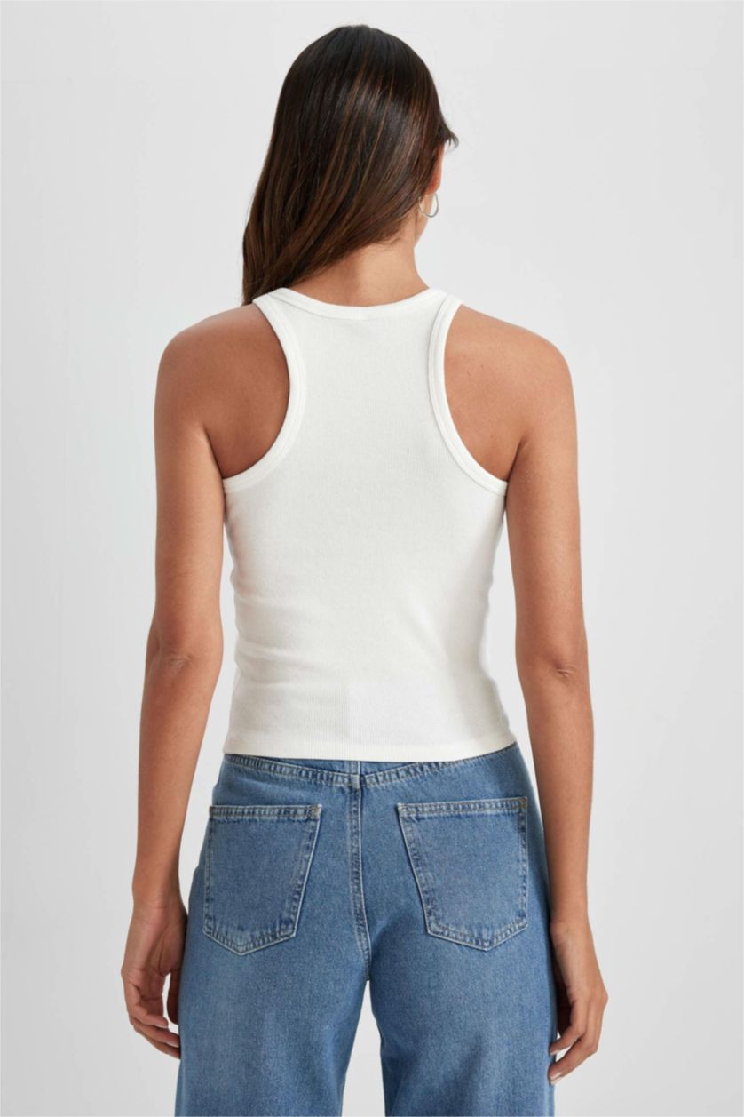 Woman Ecru Slim Fit Halter Collar Ribbed Camisole Undershirt