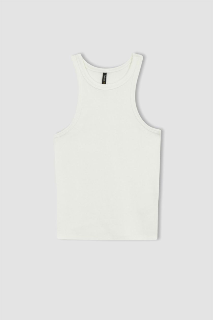 Woman Ecru Slim Fit Halter Collar Ribbed Camisole Undershirt