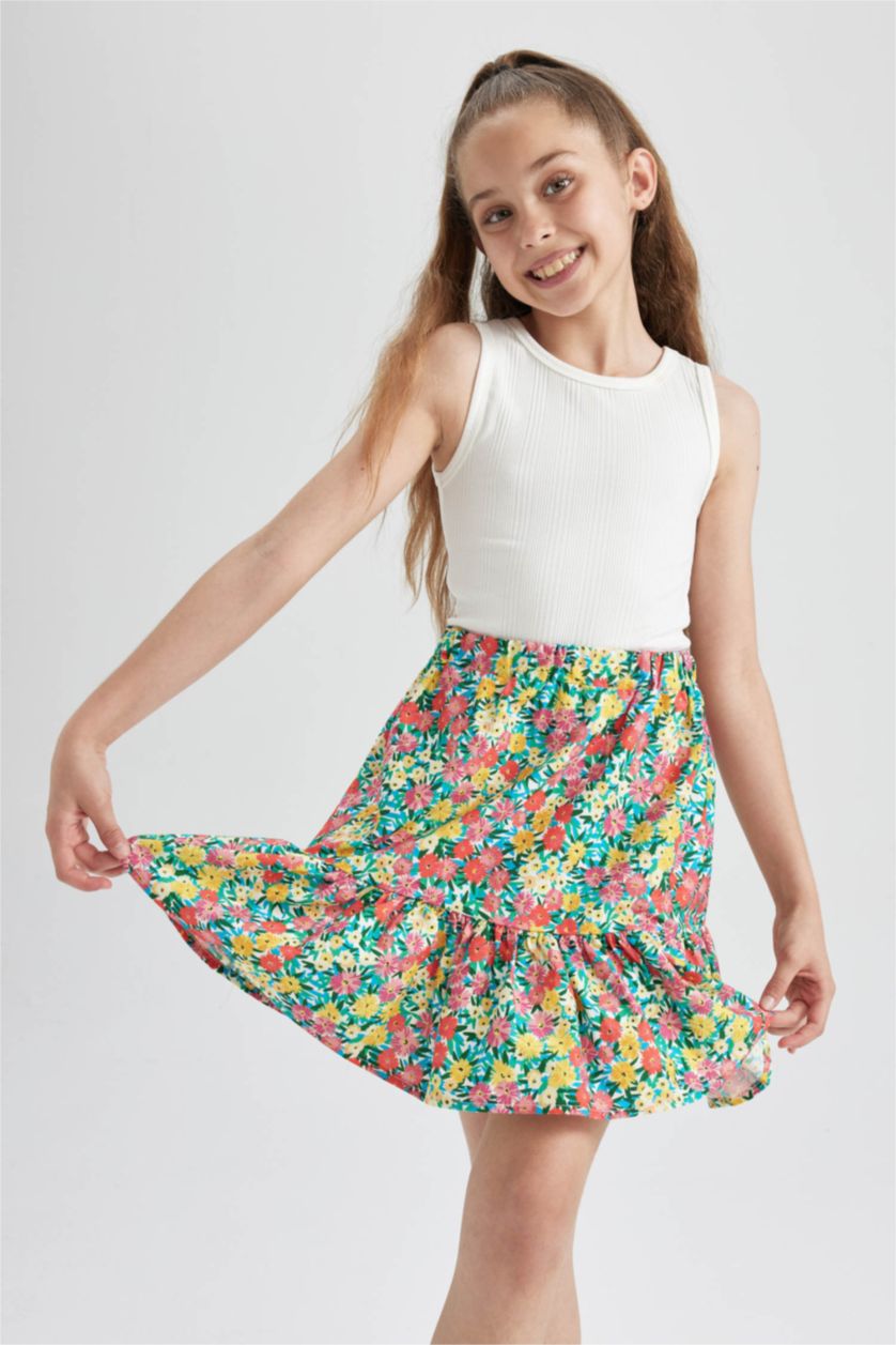 FILLES Blanc Jupe tissée en coton à motifs floraux à volants à taille élastique pour fille