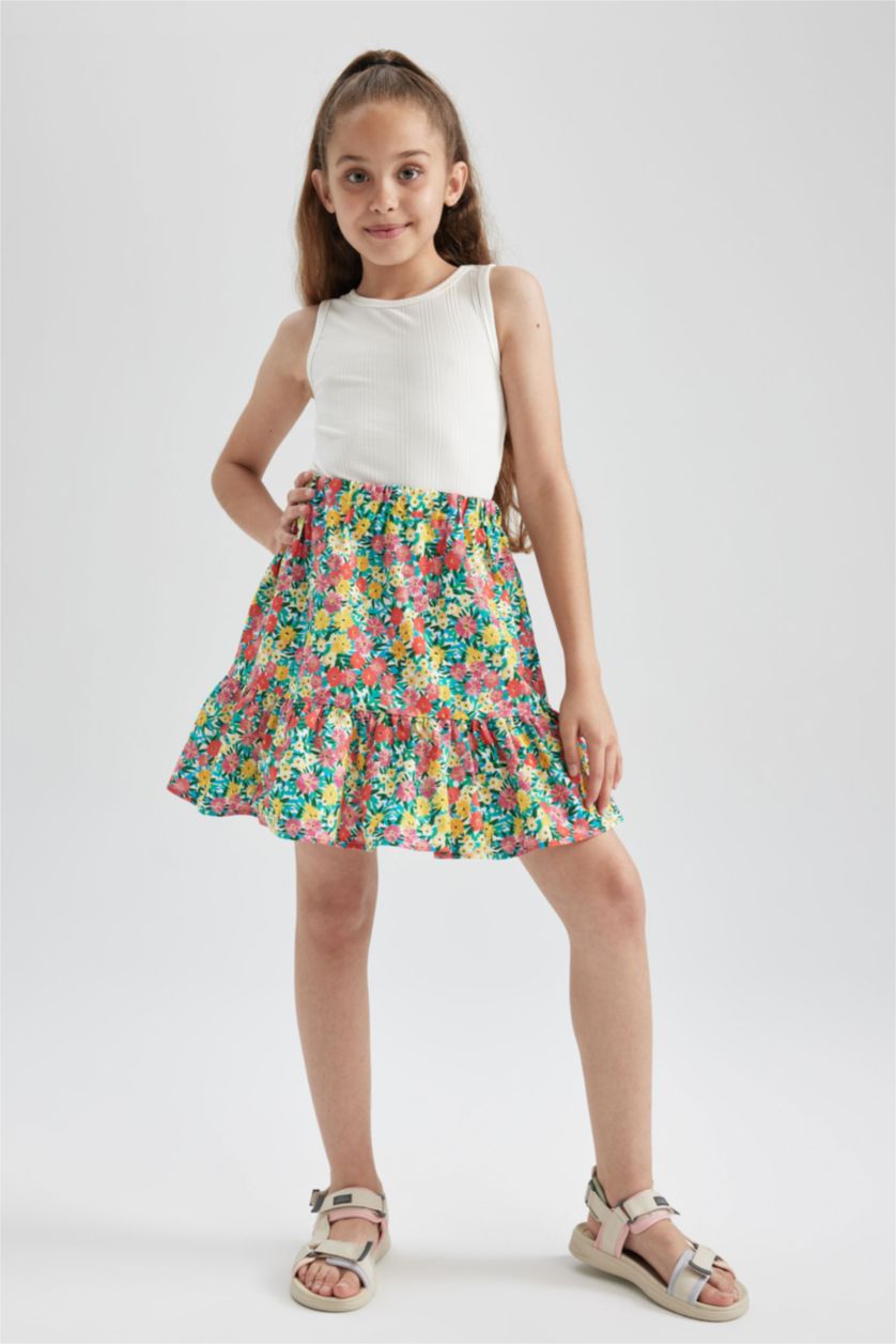 FILLES Blanc Jupe tissée en coton à motifs floraux à volants à taille élastique pour fille