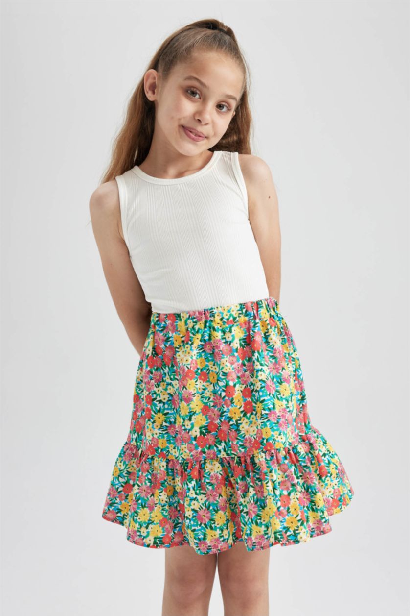 FILLES Blanc Jupe tissée en coton à motifs floraux à volants à taille élastique pour fille