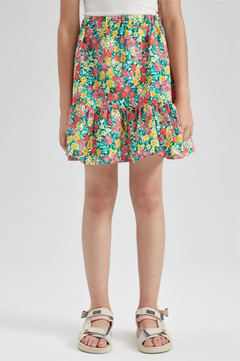 FILLES Blanc Jupe tissée en coton à motifs floraux à volants à taille élastique pour fille