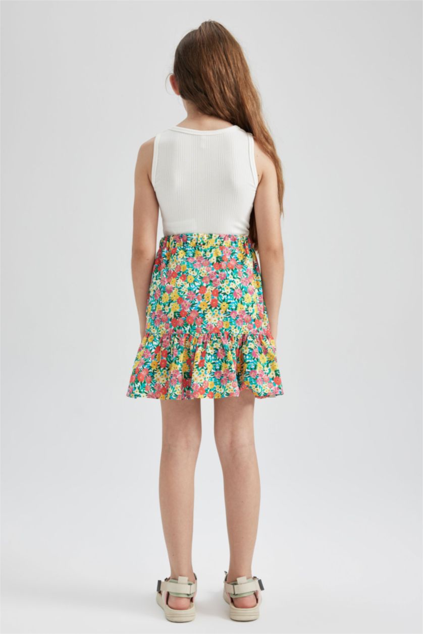 FILLES Blanc Jupe tissée en coton à motifs floraux à volants à taille élastique pour fille